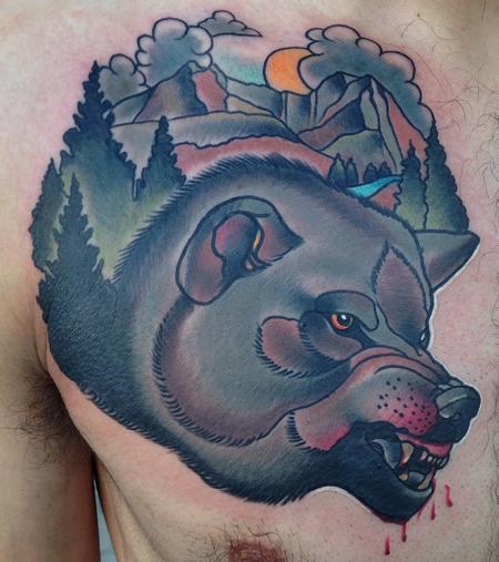 Gary Dunn - Traditional color wolf tattoo, Gary Dunn Art Junkies Tattoo